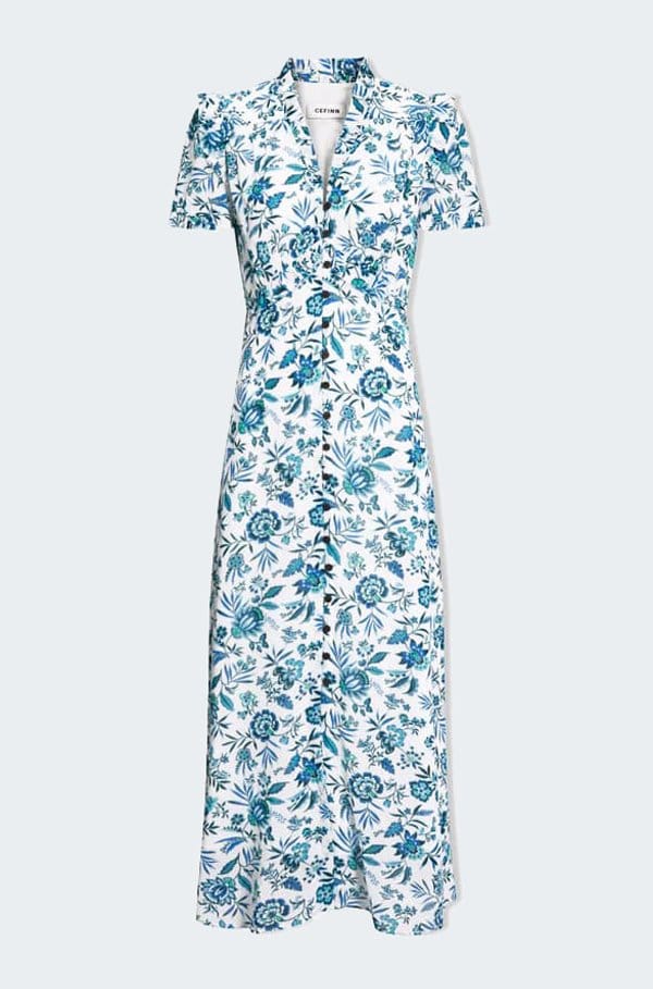 liliana cotton blend dress in white blue palm floral
