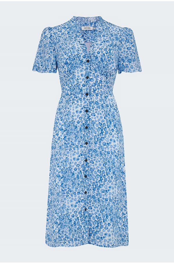 tabby silk tea dress in blue leopard pansy print