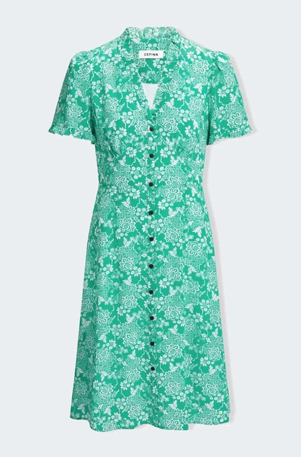 tabby silk tea dress in green damask print