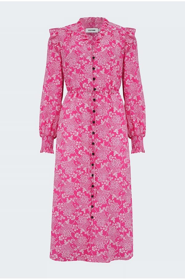 stella silk midi dress in hot pink damask print