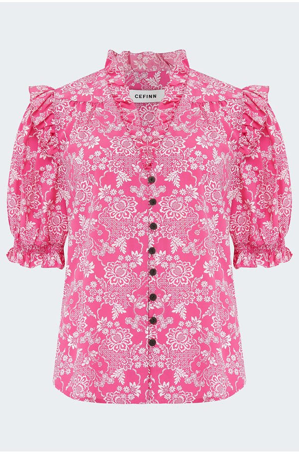 stella silk shirt in hot pink damask print