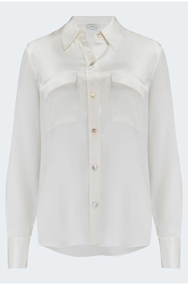 chest pocket long sleeve blouse in off white