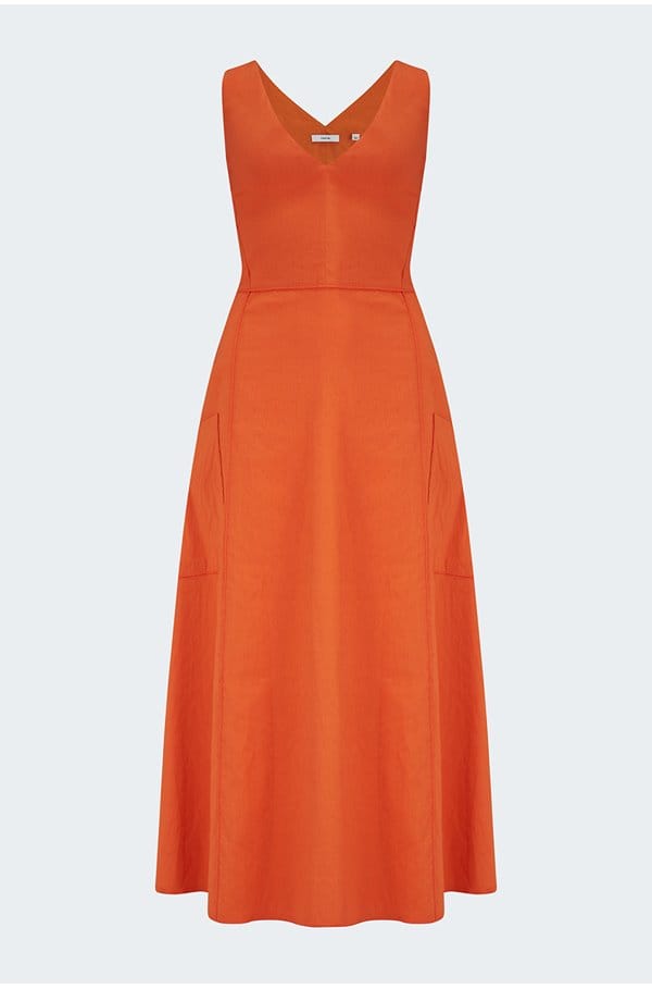 relaxed v-neck pocketed dress in ruby dusk