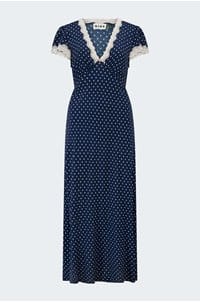 clarice dress in navy polka dot