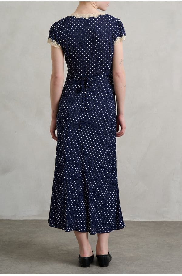 clarice dress in navy polka dot