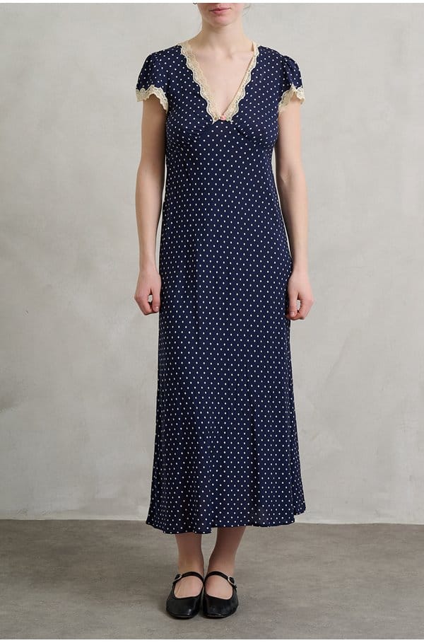 clarice dress in navy polka dot