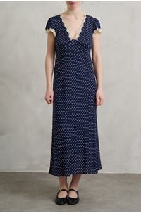 clarice dress in navy polka dot