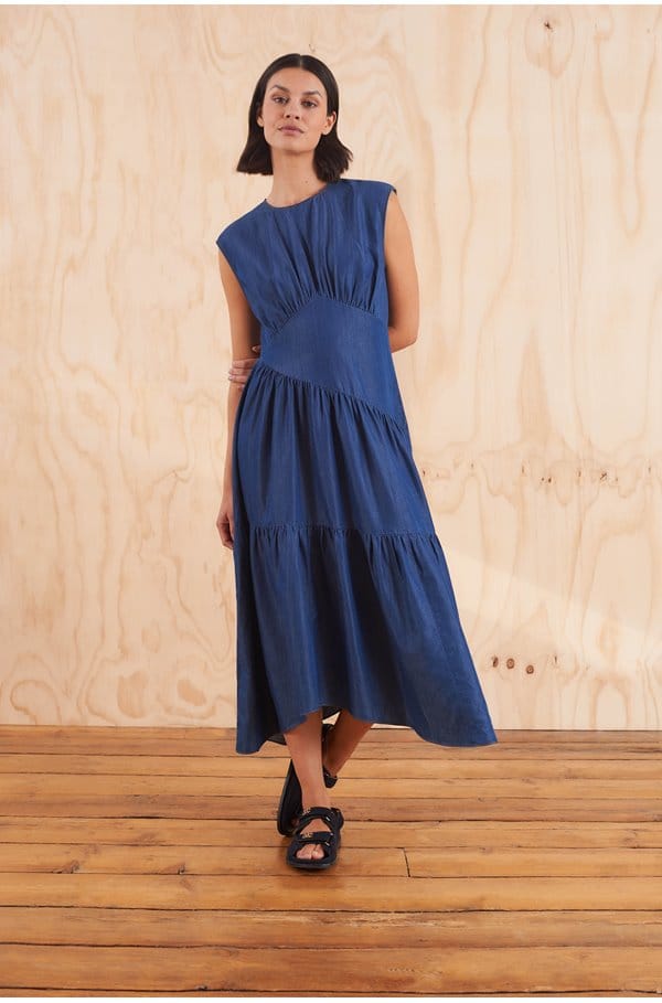 gathered tier hem dress in eugenia