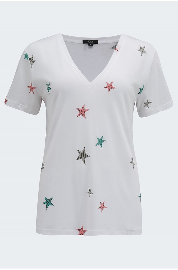 cara v neck t-shirt in white multi animal stars