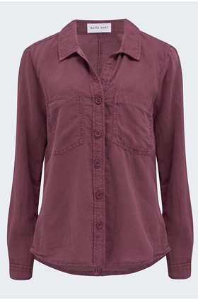 roll sleeve double pocket button down shirt in berry red