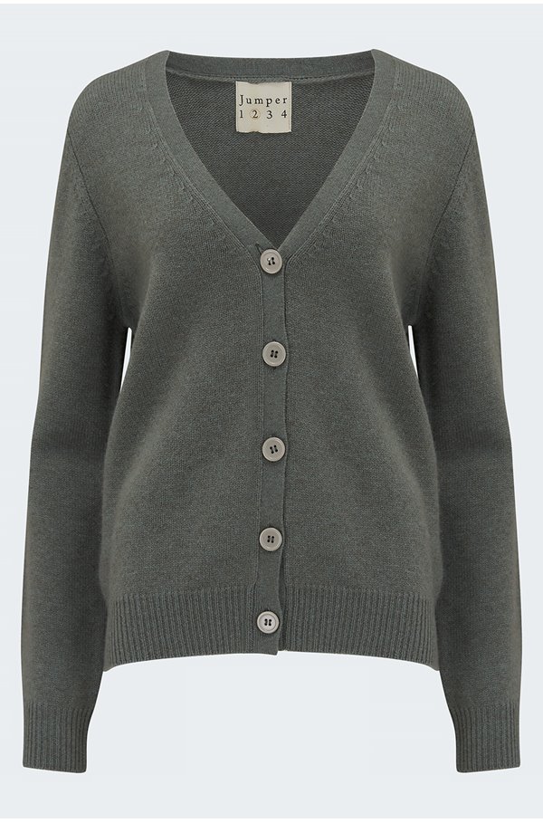 elbow patch cardigan in moss with pink marl