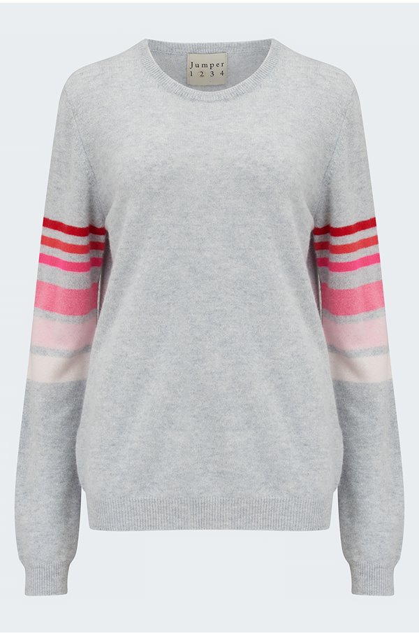 reboot rainbow arms jumper in super grey with multi stripes