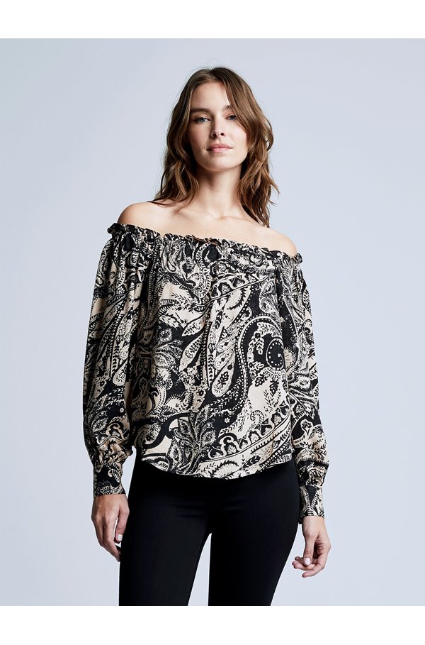 rowan off-shoulder blouse in taupe and black bandana