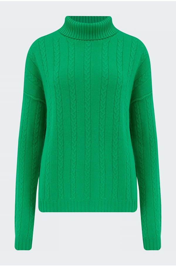 plaited cable roll neck in bright green