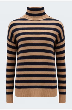 striped lightweight roll neck in camel and navy