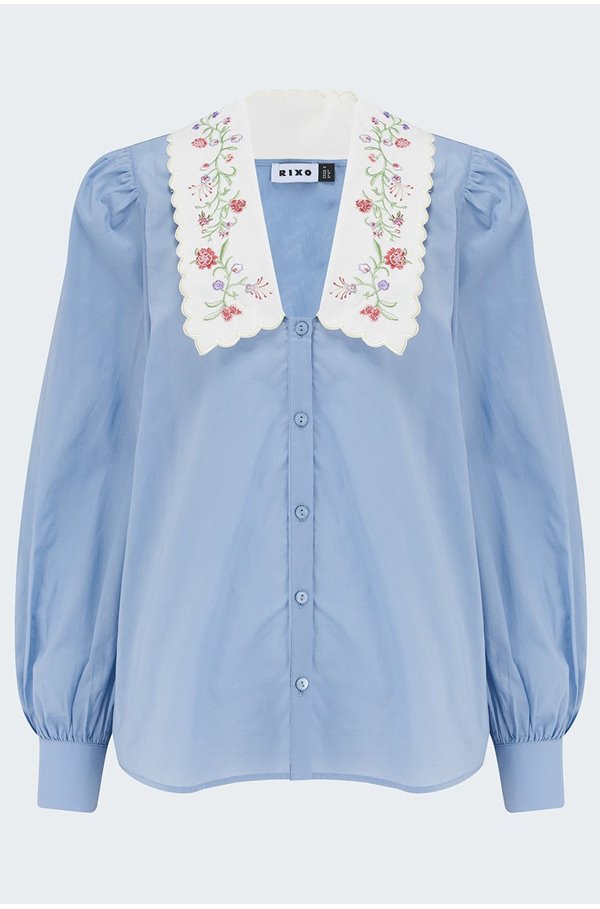 lila blouse in cornflower