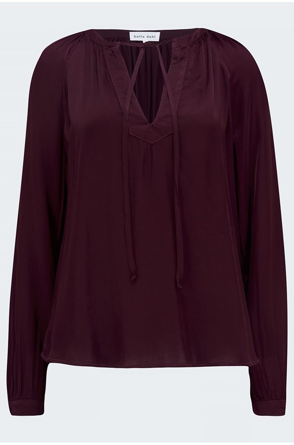 long sleeve tie neck pullover in currant