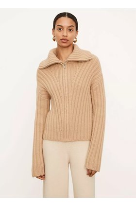 rib transfer zip up in chamois