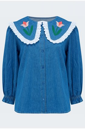 davina blouse in denim tulip embroidery