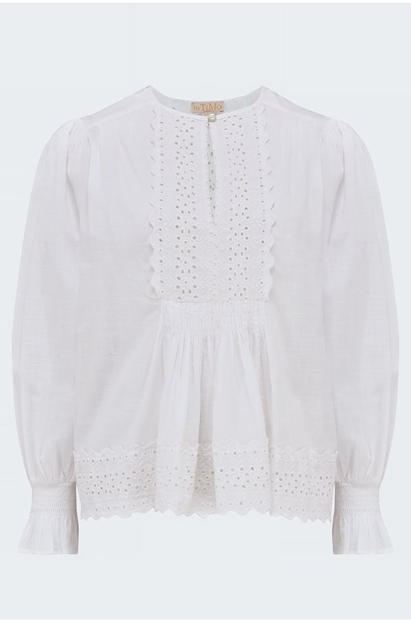 cotton slub puff sleeve blouse in white