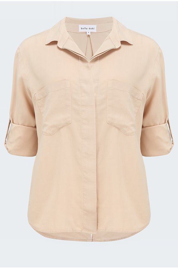 split back button down shirt in soft tan