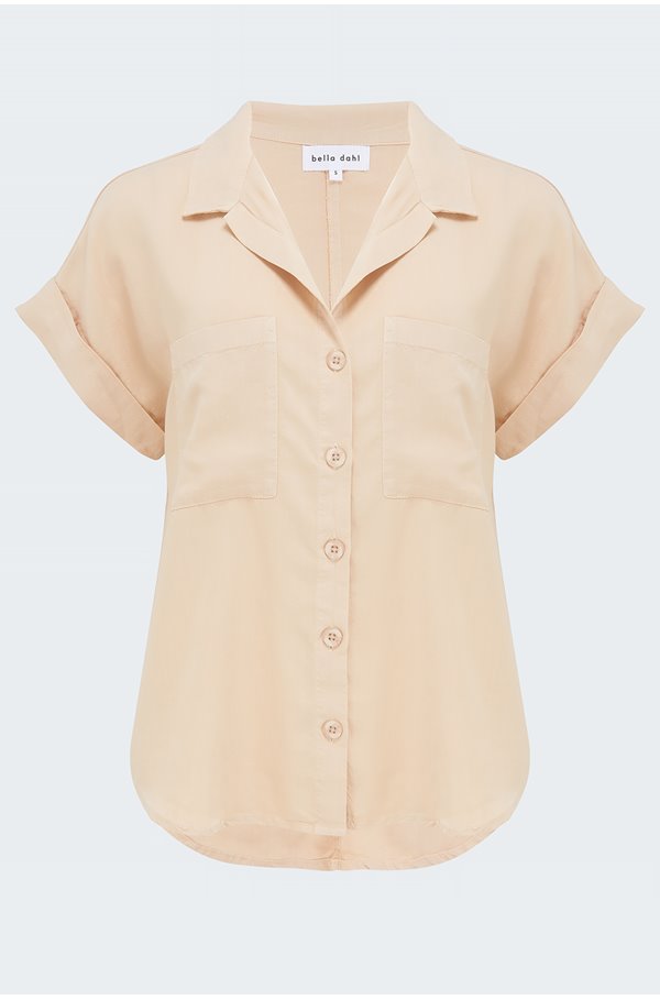 slouchy short sleeve button down in soft tan