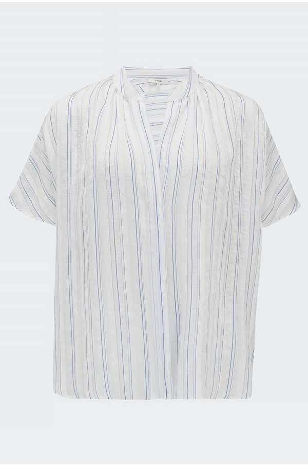 short sleeve drapey stripe shirred blouse in off white vista blue