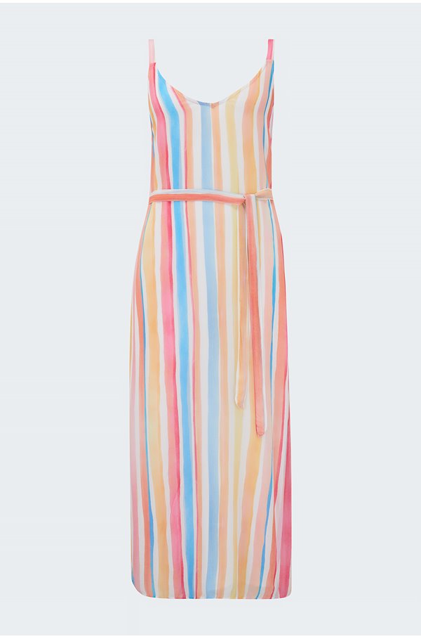 sleeveless belted slip dress in scala stripe