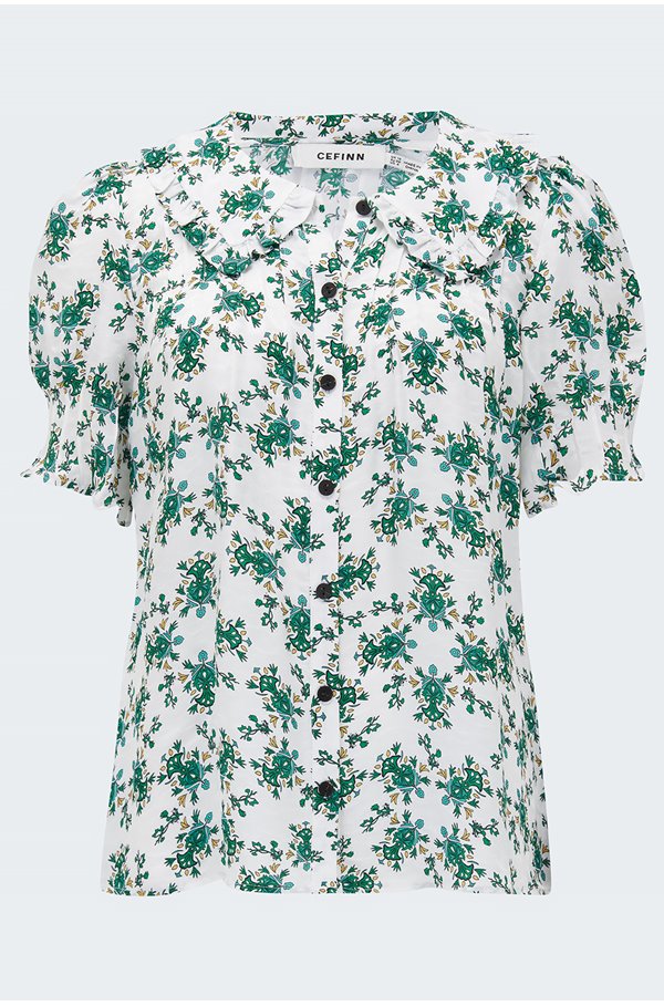 kitty frill collar blouse in green graphic floral print