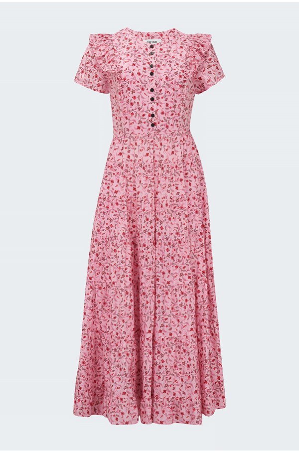 sawyer short frill sleeve gathered maxi dress in pink trailing floral print