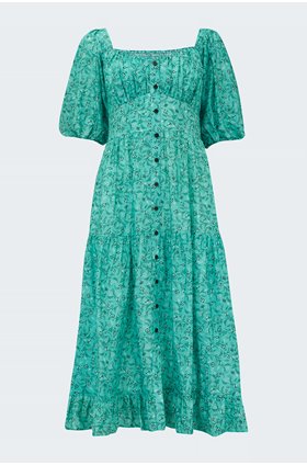 paloma short sleeve midi dress in green trailing floral print