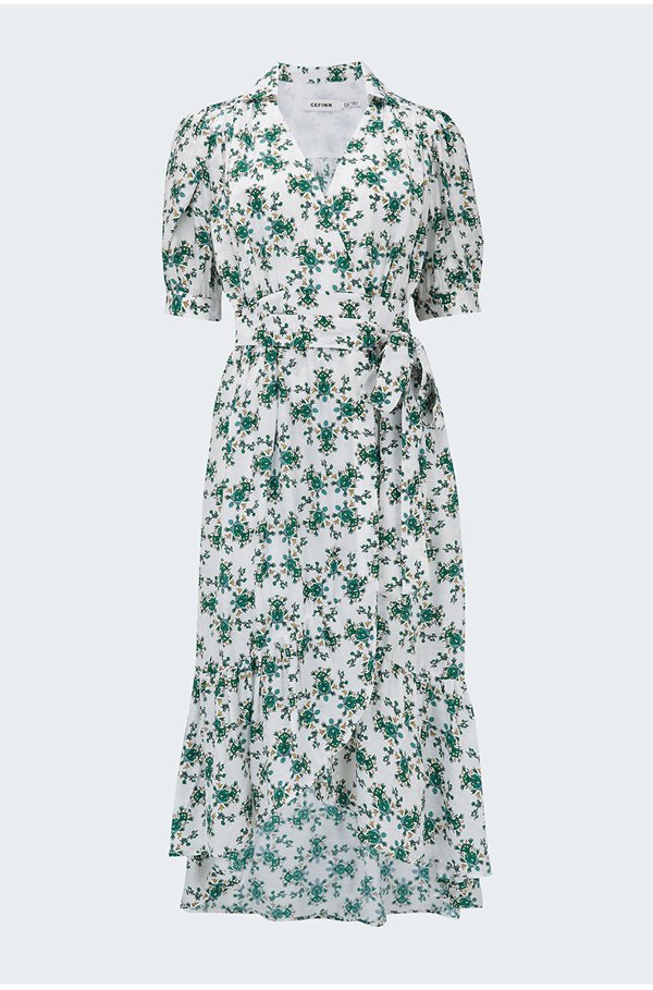 lola short sleeve wrap dress in green graphic floral print