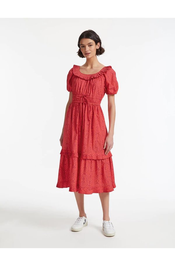 harper pleated frill detail midi dress in red moire print