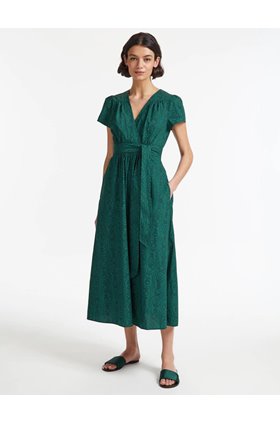 gina v neck short sleeve maxi dress in green moire print