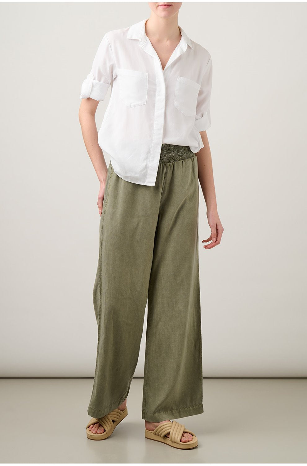 Smocked Waist Wide Pant in Soft Army