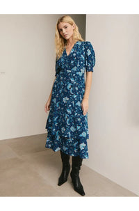 Ayla Silk Midi Dress in Navy Yellow Trailing Floral
