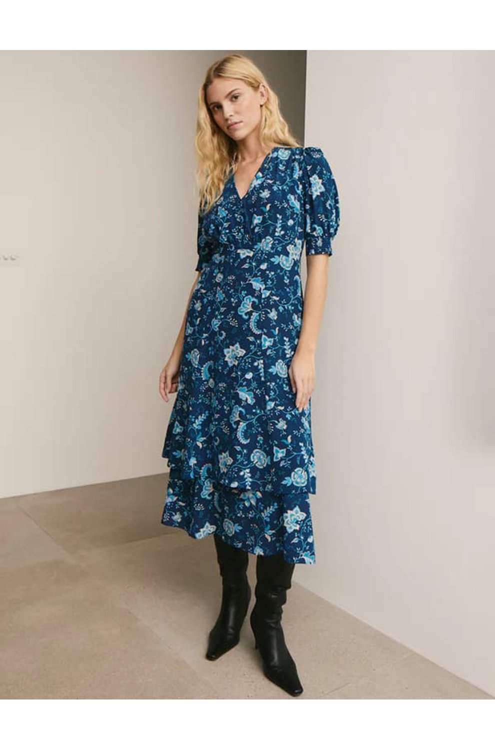 Ayla Silk Midi Dress in Navy Yellow Trailing Floral