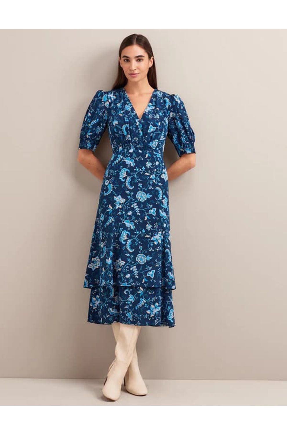 Ayla Silk Midi Dress in Navy Yellow Trailing Floral
