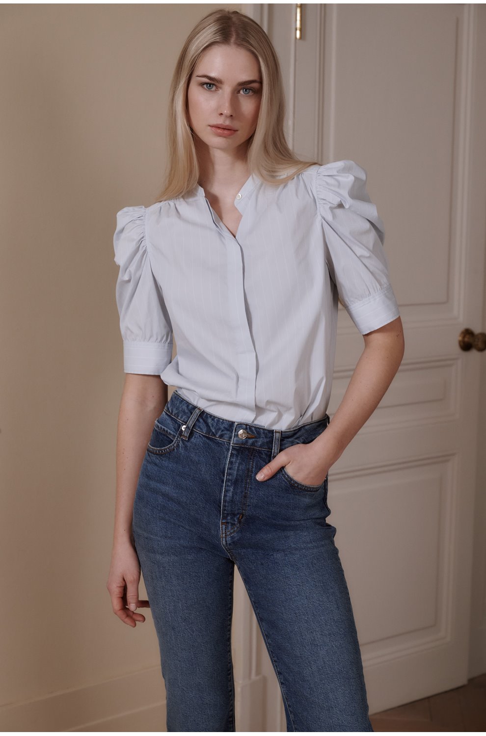 The Gathered Top in Light Chambray Multi