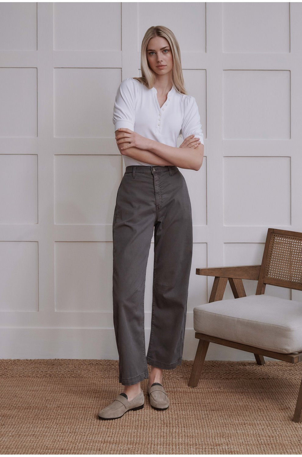 Fiona High Rise Barrel Trouser in Sulfur Misty Grey