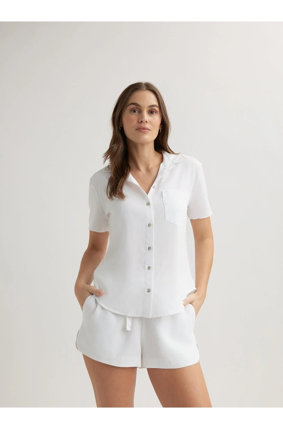 Short Sleeve Pocket Button Down in White