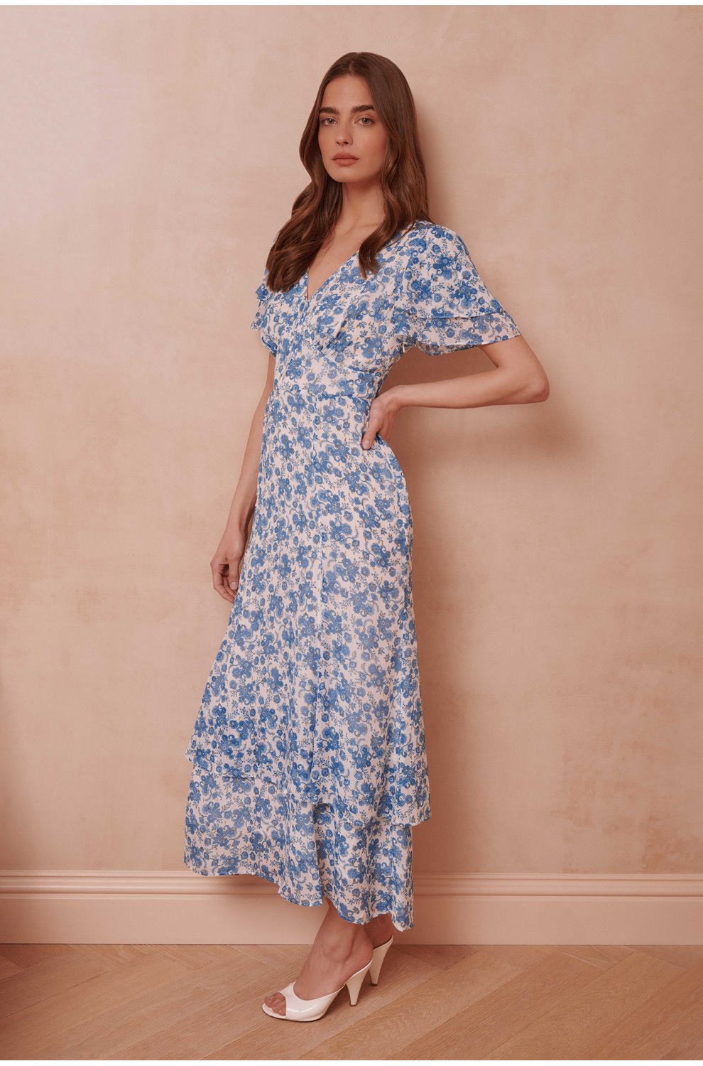 Lotta Gold Metallic Fil Coupé Dress in Ecru Blue Paisley