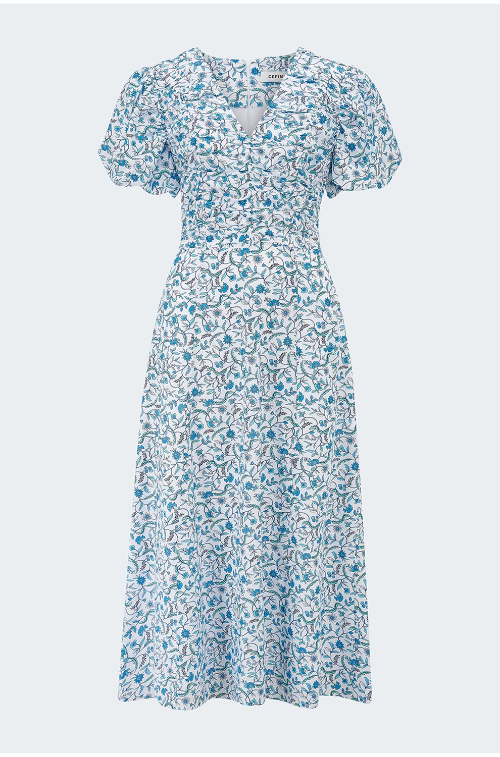 Elisa Midi Dress in Blue Trailing Feather Print