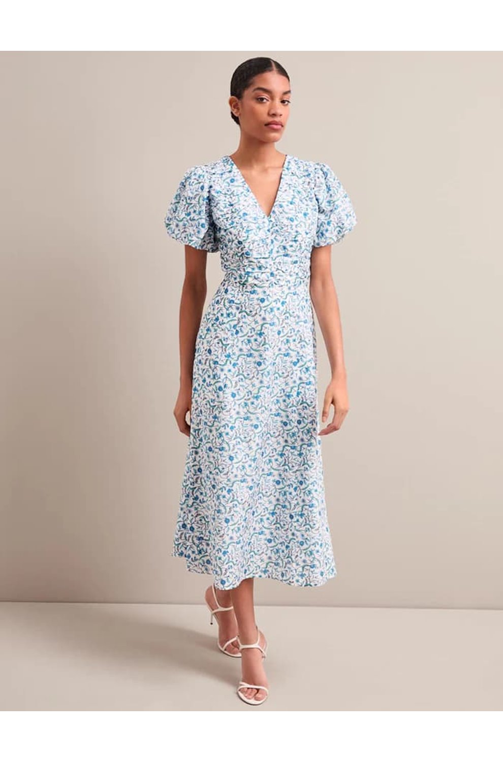 Elisa Midi Dress in Blue Trailing Feather Print
