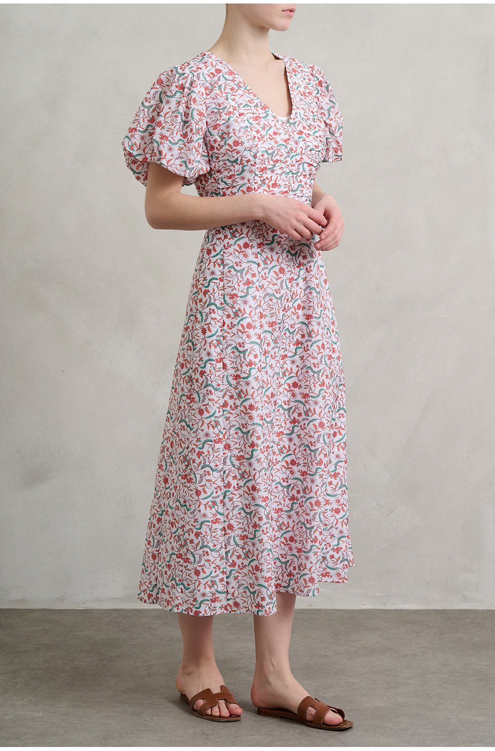 Elisa Midi Dress in Red Trailing Feather Print