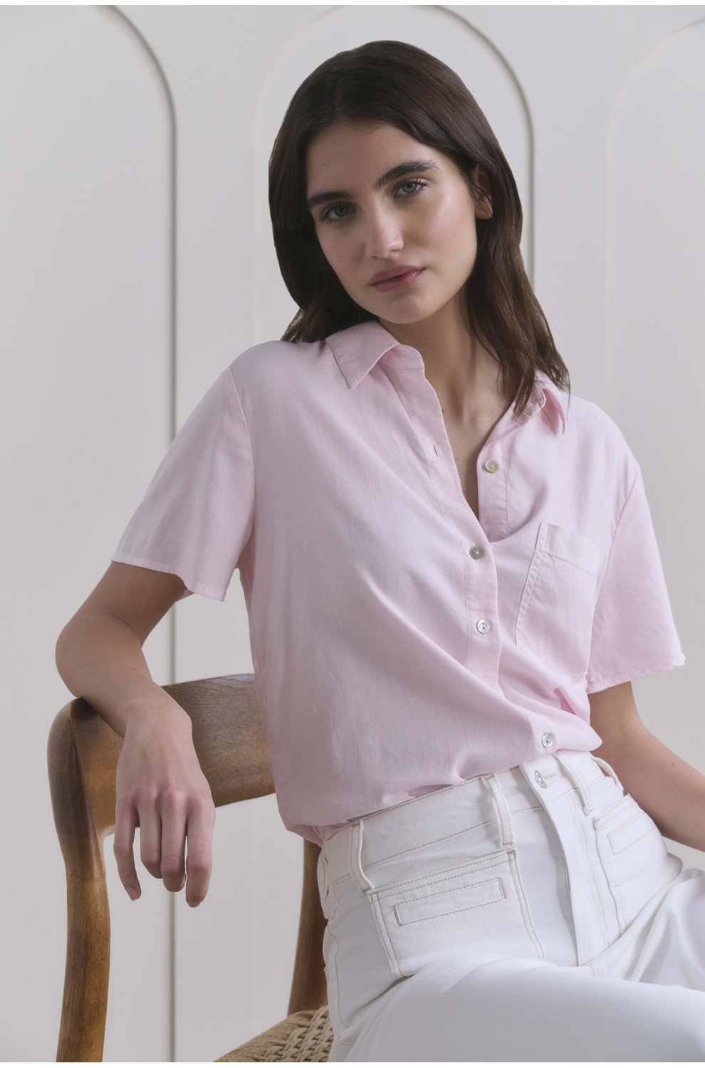 Short Sleeve Pocket Button Down in Petal Pink