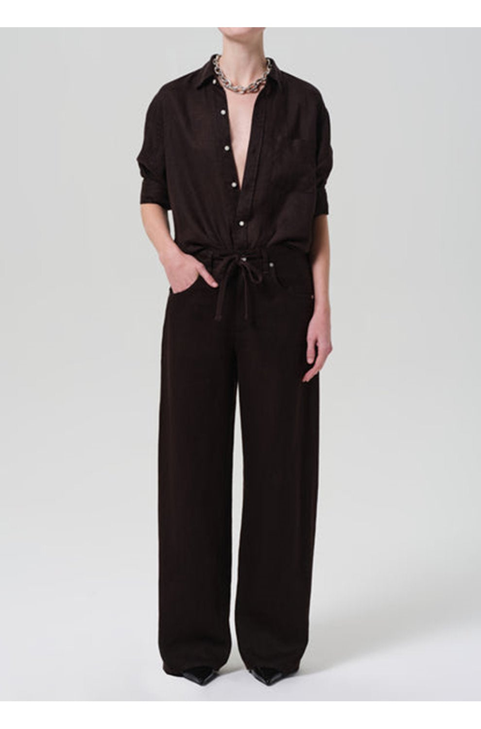 Brynn Drawstring Linen Trouser in Chocolate