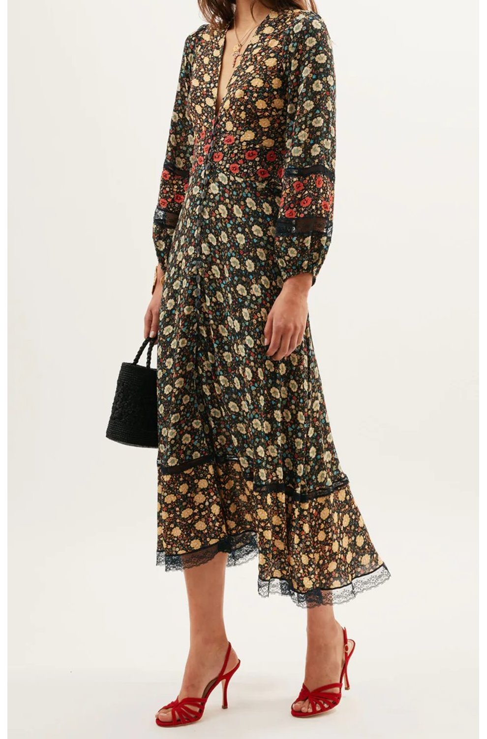 Raven Midi Dress in Eva Floral Black