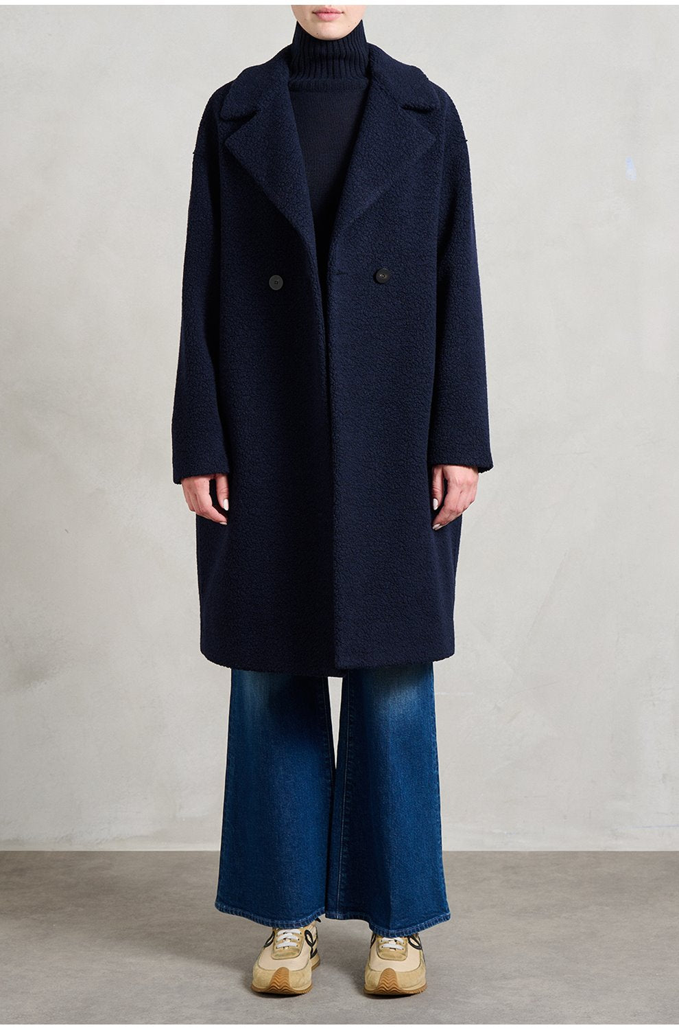 Boucle Drop Shoulder Double Breasted Coat in Navy