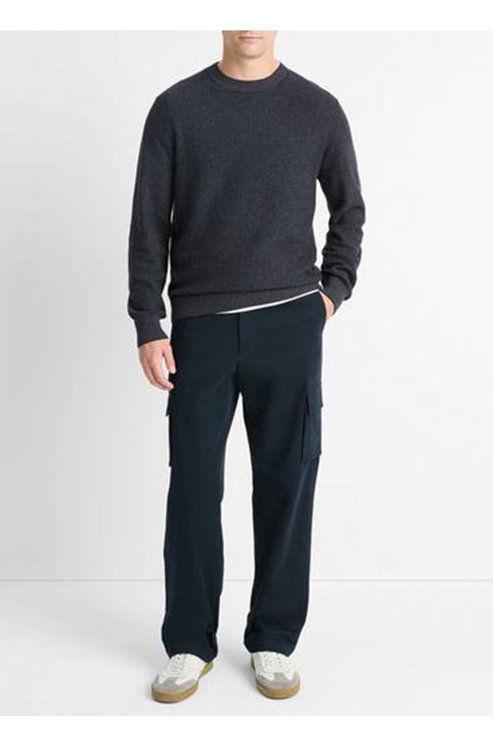Geo Jacquard Crew Neck Sweater in Coastal Blue Heather Grey